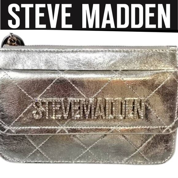Steve Madden BHaines 2 Rhinestone Logo Quilted Wristlet- Silver - Picture 1 of 8